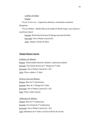 63




       c)Adutor do Hálux:
       Origem:
   Porção Transversa - Ligamentos plantares e articulações metatarso
falangianas
   Porção Oblíqua - Bainha fibrosa do tendão do fibular longo, ossos társicos e
cuneiforme lateral
       Inserção: Borda lateral da base da falange proximal do hálux
       Inervação: Nervo Plantar Lateral (S2)
       Ação: Adução e flexão do hálux




*Região Plantar Lateral;

a)Abdutor do Mínimo:
Origem: Tuberosidade lateral do calcâneo e aponeurose plantar
Inserção: Face lateral da base da 1ª falange do 5º dedo
Inervação: Nervo Plantar Lateral (S1 e S2)
Ação: Flerte e abduz o 5º dedo


b)Flexor Curto do Mínimo:
Origem: Base do 5º metatarsiano
Inserção: Base da 1º falange do 5º dedo
Inervação: Nervo Plantar Lateral (S1 e S2)
Ação: Flerte o dedo mínimo


c)Oponente do Mínimo:
Origem: Base do 5º metatarsiano
Inserção: Face lateral do 5º metatarsiano
Inervação: Nervo Plantar Lateral (S1 e S2)
Ação: Oponência do 5º dedo e auxilia na flexão do mesmo
 