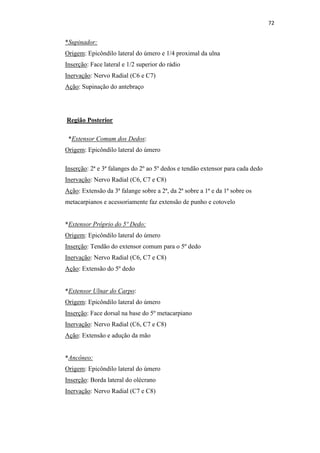 72


*Supinador:
Origem: Epicôndilo lateral do úmero e 1/4 proximal da ulna
Inserção: Face lateral e 1/2 superior do rádio
Inervação: Nervo Radial (C6 e C7)
Ação: Supinação do antebraço




Região Posterior

 *Extensor Comum dos Dedos:
Origem: Epicôndilo lateral do úmero

Inserção: 2ª e 3ª falanges do 2º ao 5º dedos e tendão extensor para cada dedo
Inervação: Nervo Radial (C6, C7 e C8)
Ação: Extensão da 3ª falange sobre a 2ª, da 2ª sobre a 1ª e da 1ª sobre os
metacarpianos e acessoriamente faz extensão de punho e cotovelo


*Extensor Próprio do 5º Dedo:
Origem: Epicôndilo lateral do úmero
Inserção: Tendão do extensor comum para o 5º dedo
Inervação: Nervo Radial (C6, C7 e C8)
Ação: Extensão do 5º dedo


*Extensor Ulnar do Carpo:
Origem: Epicôndilo lateral do úmero
Inserção: Face dorsal na base do 5º metacarpiano
Inervação: Nervo Radial (C6, C7 e C8)
Ação: Extensão e adução da mão


*Ancôneo:
Origem: Epicôndilo lateral do úmero
Inserção: Borda lateral do olécrano
Inervação: Nervo Radial (C7 e C8)
 