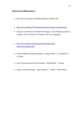 77


5 Referencias Bibliográficas:


      http://www.icb.ufmg.br/mor/anatfto/introducao_Anatomia.htm.




      http://www.cefid.udesc.br/laboratorios/anatomia/anatomia/1.introducao.pdf.

      Imagem: AVANCINI & FAVARETTO. Biologia – Uma abordagem evolutiva e
      ecológica. Vol. 2. São Paulo, Ed. Moderna, 1997, com adaptações.




      http://www.cabuloso.com/Anatomia-Humana/Sistema-de-
      Sustentacao/Esqueleto.htm.



      Anatomia Básica dos Sistemas Orgânicos - Editora Parma. –J. G. Dangelo e C.
      A. Fattini.


      Atlas Visual Compacto do Corpo Humano – Editora Rideel – 1ª edição.


      Atlas de Anatomia Humana – Editora Atheneu – 3ª edição – Werner Platzer.
 