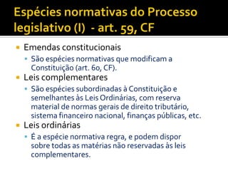  Emendas constitucionais
 São espécies normativas que modificam a
Constituição (art. 60, CF).
 Leis complementares
 São espécies subordinadas à Constituição e
semelhantes às Leis Ordinárias, com reserva
material de normas gerais de direito tributário,
sistema financeiro nacional, finanças públicas, etc.
 Leis ordinárias
 É a espécie normativa regra, e podem dispor
sobre todas as matérias não reservadas às leis
complementares.
 