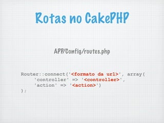 Rotas no CakePHP

           APP/Config/routes.php


Router::connect('<formato da url>', array(
    'controller' => '<controller>',
    'action' => '<action>')
);
 
