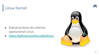 Linux Kernel
101
● Estrutura base do sistema
operacional Linux.
● https://github.com/torvalds/linux
 