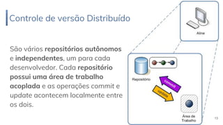 São vários repositórios autônomos
e independentes, um para cada
desenvolvedor. Cada repositório
possui uma área de trabalho
acoplada e as operações commit e
update acontecem localmente entre
os dois.
Controle de versão Distribuído
13
 