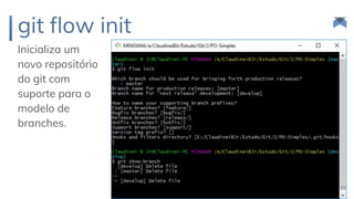 git flow init
Inicializa um
novo repositório
do git com
suporte para o
modelo de
branches.
69
 
