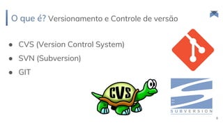 O que é? Versionamento e Controle de versão
● CVS (Version Control System)
● SVN (Subversion)
● GIT
8
 