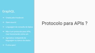 GraphQL
➔ Criada pelo Facebook
➔ Open-source
➔ Linguagem de consulta de dados
➔ Não é um protocolo para APIs,
mas funcionando como um
➔ Agnóstico: independe de
linguagem ou banco de dados
➔ É uma spec!
Protocolo para APIs ?
 