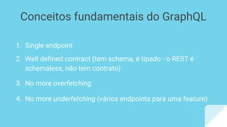 1. Single endpoint
2. Well defined contract (tem schema, é tipado - o REST é
schemaless, não tem contrato)
3. No more overfetching
4. No more underfetching (vários endpoints para uma feature)
Conceitos fundamentais do GraphQL
 