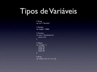 Tipos deVariáveis
// String
var car = “Porsche”
// Number
var weight = 2000;
// Function
var sum = function(a, b) {
return a+b;
};
// Object
var triangle = {
sideA: 60,
sideB: 30,
sideC: 90
};
// Array
var vocals = [‘a’,‘e’,‘i’,‘o’,‘u’];
 
