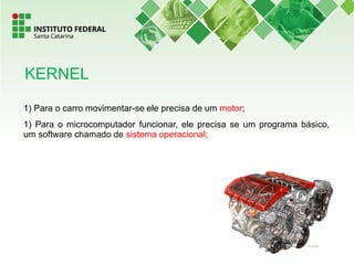 1) Para o carro movimentar-se ele precisa de um motor;
1) Para o microcomputador funcionar, ele precisa se um programa básico,
um software chamado de sistema operacional;
KERNEL
 