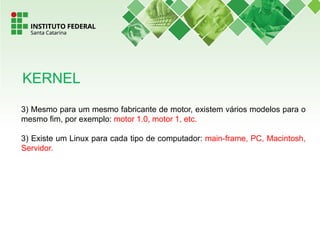 KERNEL
3) Mesmo para um mesmo fabricante de motor, existem vários modelos para o
mesmo fim, por exemplo: motor 1.0, motor 1, etc.
3) Existe um Linux para cada tipo de computador: main-frame, PC, Macintosh,
Servidor.
 