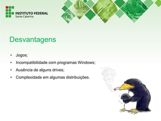 • Jogos;
• Incompatibilidade com programas Windows;
• Ausência de alguns drives;
• Complexidade em algumas distribuições.
Desvantagens
 
