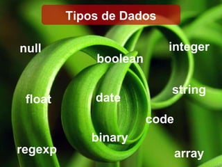 Tipos de Dados null regexp array string code float date boolean binary integer 