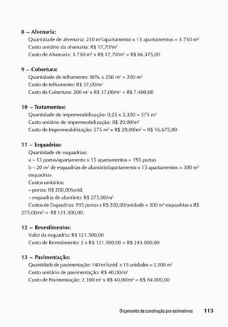 8 - Alvenaria:
Quantidade de alvenaria: 250 m2
/apartamento x 15 apartamentos = 3.750 m2
Custo unitário da alvenaria: R$ 17,70/m2
Custo de Alvenaria: 3.750 m2
x R$ 17,70/m2
= R$ 66.375,00
9 - Cobertura:
Quantidade de telhamento: 80% x 250 m2
= 200 m2
Custo de telhamento: R$ 37,00/m2
Custo da Cobertura: 200 m2
x R$ 37,00/m2
= R$ 7.400,00
1 0 - Tratamentos:
Quantidade de impermeabilização: 0,25 x 2.300 = 575 m2
Custo unitário de impermeabilização: R$ 29,00/m2
Custo de Impermeabilização: 575 m2
x R$ 29,00/m2
= R$ 16.675,00
1 1 - Esquadrias:
Quantidade de esquadrias:
a - 13 portas/apartamento x 15 apartamentos = 195 portas
b - 20 m2
de esquadrias de alumínio/apartamento x 15 apartamentos = 300 m2
esquadrias
Custos unitários:
-portas: R$ 200,00/unid.
- esquadria de alumínio: R$ 275,00/m2
Custos de Esquadrias: 195 portas x R$ 200,00/unidade + 300 m2
esquadrias x R$
275,00/m2
= R$ 121.500,00.
12 - Revestimentos:
Valor da esquadria: R$ 121.500,00
Custo de Revestimento: 2 x R$ 121.500,00 = R$ 243.000,00
13 - Pavimentação:
Quantidade de pavimentação: 140 m2
/unid. x 15 unidades = 2.100 m2
Custo unitário de pavimentação: R$ 40,00/m2
Custo de Pavimentação: 2.100 m2
x R$ 40,00/m2
= R$ 84.000,00
 