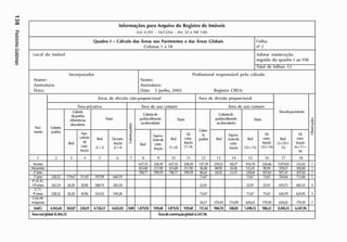 w
CO
- O
C
D
o .
o
o
o
o .
3
Informações para Arquivo do Registro de Imóveis
(Lei 4.591 - 16/ 12/ 64 - Art. 32 e NB 140)
Quadro 1 - Cálculo das Áreas nos Pavimentos e das Áreas Globais
Co l u n as 1 a 18
Fol h a
n ° 1
l.ocal d o i m óvel Ad ot ar n u m er ação
seguida d o quadro 1 ao VIII
l.ocal d o i m óvel
Total d e tolhas: 13
Incorpora dor
No m e:
Assinat ur a:
Dat a:
Prof issional responsável pelo cál cu l o
No m e:
Assinat ura:
Dala: 3 j unho, 2003 Registro CREA :
P
avi-
mento
Áreas de divisão não- proporcional Área de divisão proporcional
Área do pavimento
Observações
P
avi-
mento
Área privativa Área de uso com um Área dc uso com um
Área do pavimento
Observações
P
avi-
mento
Coberta
padrão
Coberta
depadrão
diferenteou
descoberta
Totais
|
"3
i
o
Coberta de
padrão diferente
ou descoberta
Totais
Cober-
la
padrão
Cobertade
padrãoditerente
ou descoberta
Totiis
Área do pavimento
Observações
P
avi-
mento
Coberta
padrão
Real
E
qui-
valente
cb
cons-
trução
Real
(2 + 3)
Recons-
trução
12 + 4)
|
"3
i
o
Real
E
quiva-
lente de
cons-
trução
Real
(7 + 8)
ce
cons-
trução
(7 + 9)
Cober-
la
padrão Real
E
quiva-
lentede
cons-
trução
Real
(12+13)
Q
>
cons-
trução
(12+14)
Real
(5+10+
15)
Q?
cons-
trução
(6+11 +
16)
Observações
1 2 3 4 5 6 7 8 9 10 11 12 13 14 15 16 17 18
Acesso 657,35 328,39 657,35 328,39 157,39 259,31 69,27 416,70 226,66 1.074,05 555X
15 1
Mezanir» 423,80 211,90 423,80 211,90 46,48 88.93 44.46 135,41 90,94 559,21 .502,84 1
2"|>iso 798,77 399,39 798,77 39939 86,62 42,02 21,01 128,64 107,63 927,41 507,02 1
3"|)iso 528,32 179.67 111,87 707,99 640,19 75,67 75,67 75,67 783,66 715,86 1
4 ()",«'• ,
10* pisos 562,54 26,20 20,% 588,74 583,50 22,01 22,01 22,01 610,75 60531 4
5", ?',
9o pisos 528,32 2620 20,% 554,52 549,28 75,67 75,67 75,67 630,19 624,95 3
Casa de
máquinas 56,21 570,4-1 114,09 626,65 170,30 626,65 170,30 1
total £ 4.363,44 363,07 258,59 4.726,51 4.622,03 0,00 1.879,92 939,68 1.879,92 939,68 737,42 960,70 248,83 1.698,12 986,25 8304,53 6347,96
Área real global: 8.3M,55 Área de construção global: 6347,96
 