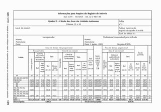 CO
DD
ro
-vi
ro
S
"2
.
-s,
s.
w
vD
Informações para Arquivo do Regist ro de Imóveis
(Lei 4.591 16/ 12/ 64 - Art. 32 e N B 140)
Quadro II - Cálculo das Áreas das Unidades Autônomas
Col unas 19 a 38
Fol h a
n ° 2
Local d o i m óvel Ad ot ar n u m er ação
seguida d o quadro 1 ao VIII
Local d o i m óvel
Total d e folhas: 13
In cor p or a dor
N o m e:
Assinat ur a:
Dat a:
Prof issional responsável pelo cál cu l o
No m e:
Assinat ur a:
Dat a: 3 j unho, 2003 Registro CR EA:
Unidade
Áreas de divisão não proporcional
Coefici-
ente de
prepor-
cionali-
dxle
30
130
Área dc divisão proporcional
Areado
iwvimento
f
Unidade
Área privativa Área de uso comum
Total
área de
cons-
trução
(24 + 29)
Coefici-
ente de
prepor-
cionali-
dxle
30
130
Área dc uso comum
Areado
iwvimento
f
Unidade
Coberta
padrão
Coberta
de padrão
diferente ou
desccberta
Totais
" O
Cobertade
padrão diferente
ou descoberta
Totais
Total
área de
cons-
trução
(24 + 29)
Coefici-
ente de
prepor-
cionali-
dxle
30
130
,2
i - w
S *
3
Coberta de
| xkIrão diferente
ou descoberta
Totais
Areado
iwvimento
f
Unidade
Coberta
padrão
Real
E
qui-
valen-
te de
cons-
trução
Re.il
(20+21)
Decora
trução
<20 + 221
d.
R
eal
E
quiva-
lentede
conçr
trução
Real
(25 + 26»
D?
cons-
trução
'25+27)
Total
área de
cons-
trução
(24 + 29)
Coefici-
ente de
prepor-
cionali-
dxle
30
130
,2
i - w
S *
3
Real
31 x S13
E
quiva-
lentede
cons-
trução
31x114
Rciil
• 32+33
)
1
1
-
cons-
trução
(32 + 34)
Real
(23+28
+35)
í>
cons-
trução
(30+36)
f
19 20 21 22 23 24 25 26 27 28 29 30 31 32 33 34 35 36 37 38
301,302,501,502,701,
702.901,902 135.43 14,40 11,52 149,83 146,95 3357 1678 3357 1678 163.73 0,02943879 21.71 2828 733 49,99 29.04 233.39 192.77 8
301,307 138.79 15,31 9.78 154,10 148,57 33,57 16.78 33,57 1678 165,35 0,02973007 21,93 2854 7,39 50,47 2932 238,14 194,67 2
303 132.42 71,83 43,10 20425 17552 3357 1678 3357 1678 192.30 0,03437570 2550 3322 859 .38,72 34,09 2%
.54 226.39 1
306 132.42 62,82 37f69 19524 170,11 3357 1678 3357 1678 186.89 0,03360297 24.78 3228 8.36 57,06 33.14 285.87 220.03 1
505,506,705,706,
905,906 132.42 132,42 132.42 3357 1678 3357 1678 14920 0,02682628 19,78 25,77 6,68 4555 26.46 211.54 175.66 6
303,308,503,504,507,
508, 703,701,707,708,
903.901.907,908 13879 5,90 4.72 144,00 14351 33.37 16.78 3357 1678 16029 002882027 2126 27.(0 7.17 48,95 28.43 22721 18872 14
Vacas 3357 16,78 3357 1678 16.78 0,00301706 222 2,90 0,75 5.12 2,97 38,60 19,75 24
Totais I 4.363/44 363,07 2585< 4.72651 4.622,03 0,00 1.879,92 939,68 1.879,92 939,68 3561,71 1,00000 737/42 960,70 248,83 1.698,12 98625 830453 6547,%
Área real global: 8304,35 Area de construção global: 6547,%
 
