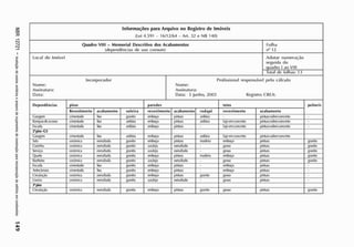 CO
DD
ro
-vi
ro
"2.
a
Informações para Arquivo no Registro de Imóveis
(Lei 4.591 - 16/12/64 - Art. 32 e NB 140)
Quadro VIII - Memorial Descritivo dos Acabamentos
(dependências de uso comum)
Folha
n° 12
Local do Imóvel Adotar numeração
seguida do
quadro 1 ao VIII
Local do Imóvel
Total de folhas: 13
Incorporador
Nome:
Assinatura:
Data:
Profissional responsável pelo cálculo
Nome:
Assinatura:
Data: 3 junho, 2003 Registro CREA:
Dependências pisos paredes tetos peitoris
Dependências
R
evestimento acabamento soleira revestimento acabamento rodapé revestimento acabamento
peitoris
G
arag
em dmentado liso granito emboço pintura ardós
ia - pinturas
obreconcreto
R
ampasdeacesso cimentado liso ardós
ia emboço pintura ardós
ia lajecmconcreto pinturasolxeconcreto -
E
scada cimentado lis
o ardós
ia emboço pintura • lajecmconcreto pinturasolxeconcreto
2°
piso-G3
G
arag
em ementado liso ardós
ia emboço pintura ardós
ia lajee
mconcreto pinturasolxeconcreto
S
ala ceramica es
maltada granito cmlxiço pintura madeira emlxjço pintura granito
C
ozinha ceramica es
maltada granito azulejo es
maltado - ges
s
o pintura granito
S
erviço cerâmica es
maltada granito azulejo es
maltado - ges
s
o pintura granito
Quuto cerâmica es
maltada granito emboço pintura madeira emboço pintura granito
B
anheiro ceramica es
maltada granito azulejo es
maltado - ges
s
o pintura granito
E
scada dmentado liso granito emboço pintura - emboço pintura -
A
ntecâmara dmentado liso granito emboço pintura - emboço pintura
C
irculação ceramica es
maltada granito emboço pintura granito ges
s
o pintura
L
ixeira ceramica es
maltada granito azulejo es
maltado - ges
s
o pintura -
3°pis
o
C
irculação ceramica es
maltada granito emboço pintura granito ges
s
o pintura granito
 