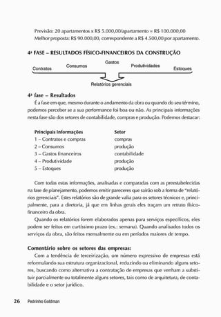 Previsão: 20 apartamentos x RS 5.000,00/apartamento = RS 100.000,00
Melhor proposta: RS90.000,00, correspondente a R$ 4.500,00 por apartamento.
4a
FASE - RESULTADOS FÍSICO-FINANCEIROS DA CONSTRUÇÃO
Gastos
^ . . Consumos Produtividades _ 4
C
ontratos Estoques
V
Relatórios gerenciais
4a
fase - Resultados
Éafase em que, mesmo durante o andamento daobra ou quando do seu término,
podemos perceber se a sua performance foi boa ou não. As principais informações
nesta fase são dos setores de contabilidade, compras e produção. Podemos destacar:
Principais Informações Setor
1 - Contratos e compras compras
2 - Consumos produção
3 - Gastos financeiros contabilidade
4 - Produtividade produção
5 - Estoques produção
Com todas estas informações, analisadas e comparadas com as preestabelecidas
nafase de planejamento, podemos emitir pareceres que sairão sob aforma de "relató-
rios gerenciais". E
stes relatórios são de grande valia para os setores técnicos e, princi-
palmente, para a diretoria, já que em linhas gerais eles traçam um retrato físico-
financeiro da obra.
Quando os relatórios forem elaborados apenas para serviços específicos, eles
podem ser feitos em curtíssimo prazo (ex.: semana). Quando analisados todos os
serviços da obra, são feitos mensalmente ou em períodos maiores de tempo.
Comentário sobre os setores das empresas:
Com a tendência de terceirização, um número expressivo de empresas está
reformulando sua estrutura organizacional, reduzindo ou eliminando alguns seto-
res, buscando como alternativa a contratação de empresas que venham a substi-
tuir parcialmente ou totalmente alguns setores, tais como de arquitetura, de conta-
bilidade e o setor jurídico.
 