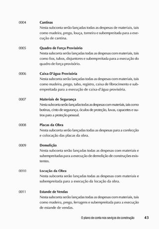 0004 Cantinas
Nesta subconta serão lançadas todas as despesas de materiais, tais
como madeira, prego, louça, torneira e subempreitada para a exe-
cução de cantina.
0005 Quadro de Força Provisório
Nesta subconta serão lançadas todasasdespesas com materiais, tais
como fios, tubos, disjuntores e subempreitada para a execução do
quadro de força provisório.
0006 Caixa-D'água Provisória
Nesta subconta serão lançadas todasasdespesas com materiais, tais
como madeira, prego, tubo, registro, caixa de fibrocimento e sub-
empreitada para a execução de caixa-d'água provisória.
0007 Materiais de Segurança
Nestasubcontaserão lançadastodasasdespesascom materiais, taiscomo
botinas, cinto de segurança, óculos de proteção, luvas, capacetes e ou-
trosparaa proteção pessoal.
0008 Placas da Obra
Nesta subconta serão lançadas todas asdespesas para a confecção
e colocação das placas da obra.
0009 Demolição
Nesta subconta serão lançadas todas as despesas com materiais e
subempreitadas paraaexecução de demolição de construções exis-
tentes.
0010 Locação da Obra
Nesta subconta serão lançadas todas as despesas com materiais e
subempreitada para a execução da locação da obra.
0011 Estande de Vendas
Nesta subconta serão lançadas todasasdespesas com materiais, tais
como madeira, prego, ferragens e subempreitada para a execução
de estande de vendas.
 