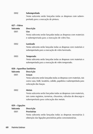 0002 Subempreitada
Nesta subconta serão lançadas todas as despesas com subem-
preitada para a execução de pintura.
027-Vidros
Subconta Descrição
0001 Liso
Nesta subconta serão lançadas todas as despesas com materiais
e subempreitada para a execução de vidro liso.
0002 Laminado
Nesta subconta serão lançadas todas as despesas com materiais e
subempreitada para a execução de vidro laminado.
0003 Temperado
Nesta subconta serão lançadas todas as despesas com materiais e
subempreitada para a execução de vidro temperado.
028 - Aparelhos Sanitários
Subconta Descrição
0001 Louças
Nesta subconta serão lançadas todas as despesas com materiais, tais
como vaso, bidê, lavatório, cabide, papeleira e subempreitada para
colocação das louças.
0002 Metais
Nesta subconta serão lançadas todas as despesas com materiais,
tais como registros, torneiras, chuveiros, válvulas de descarga e
subempreitada para colocação dos metais.
029 - Ligações
Subconta Descrição
0001 Provisórias
Nesta subconta serão lançadas todas as despesas necessárias à
obtenção das ligações provisórias pelas concessionárias.
 