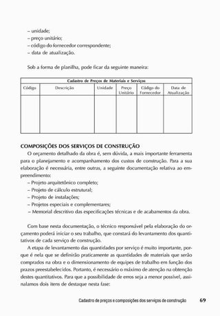 - unidade;
- preço unitário;
- código do fornecedor correspondente;
- data de atualização.
Sob a forma de planilha, pode ficar da seguinte maneira:
Cadastro de Preços de Materiais e Serviços
Código Descrição Unidade Preço
Unitário
Código do
Fornecedor
Dala de
Atualização
COM POSIÇÕES DOS SERVIÇOS DE CONSTRUÇÃO
O orçamento detalhado da obra é, sem dúvida, a mais importante ferramenta
para o planejamento e acompanhamento dos custos de construção. Para a sua
elaboração é necessária, entre outras, a seguinte documentação relativa ao em-
preendimento:
- Projeto arquitetônico completo;
- Projeto de cálculo estrutural;
- Projeto de instalações;
- Projetos especiais e complementares;
- Memorial descritivo das especificações técnicas e de acabamentos da obra.
Com base nesta documentação, o técnico responsável pela elaboração do or-
çamento poderá iniciar o seu trabalho, que constará do levantamento dos quanti-
tativos de cada serviço de construção.
A etapa de levantamento das quantidades por serviço é muito importante, por-
que é nela que se definirão praticamente as quantidades de materiais que serão
comprados na obra e o dimensionamento de equipes de trabalho em função dos
prazos preestabelecidos. Portanto, é necessário o máximo de atenção na obtenção
destes quantitativos. Para que a possibilidade de erros seja a menor possível, assi-
nalamos dois itens de destaque nesta fase:
 
