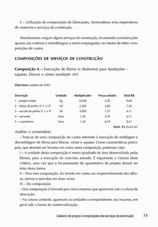 5 - Utilização de composições de fabricantes, fornecedores e/ou empreiteiras
de materiais e serviços de construção.
Abordaremos a seguir alguns serviços de construção, levantando considerações
quanto aos critérios e metodologias a serem empregadas, no intuito de obter com-
posições de custos.
COM POSIÇÕES DE SERVIÇOS DE CONSTRUÇÃO
Composição A - Execução de fôrma (e desforma) para fundações -
sapatas, blocos e cintas (unidade: m2
)
Data-base: outubro de 2003
Descrição Unidade Multiplicador Preço unitário Total R$
1 - pregos mistos kg 0,240 2,50 0,60
2-t ábua de pinho 3J
1x12" ml 2,500 3,00 7,50
3 - sarrafo de pinho 2'1
1 x 4" ml 3,000 1,37 4,11
4 - servente hora 1,30 4,70 6,11
5 - carpinteiro hora 1,30 6,39 8,31
Total: RS 26,63 /m>
Análise e comentário
- Trata-se de uma composição de custos referente à execução de moldagem e
desmoldagem de fôrma para blocos, cintas e sapatas. Como características princi-
pais, que deverão ser levadas em conta nesta composição, podemos citar:
I - A unidade desta composição é metro quadrado de área desenvolvida pelas
fôrmas, para a execução do concreto armado. É importante a clareza deste
critério, uma vez que o levantamento do quantitativo de projeto deverá ser
feito desta forma.
II - Para esta composição, foi levado em conta um reaproveitamento das tábu-
as, pernas e sarrrafos em duas vezes.
III - Da composição:
- E
sta composição é formada por cinco insumos que aparecem sob a coluna de
descrição.
- Na coluna unidade, aparecem as unidades correspondentes aos insumos, em
geral sob a forma de comercialização.
 