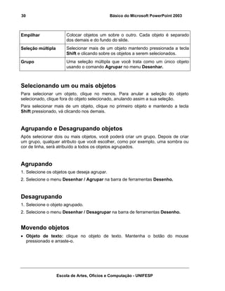 30                                            Básico do Microsoft PowerPoint 2003



Empilhar               Colocar objetos um sobre o outro. Cada objeto é separado
                       dos demais e do fundo do slide.
Seleção múltipla       Selecionar mais de um objeto mantendo pressionada a tecla
                       Shift e clicando sobre os objetos a serem selecionados.
Grupo                  Uma seleção múltipla que você trata como um único objeto
                       usando o comando Agrupar no menu Desenhar.



Selecionando um ou mais objetos
Para selecionar um objeto, clique no menos. Para anular a seleção do objeto
selecionado, clique fora do objeto selecionado, anulando assim a sua seleção.
Para selecionar mais de um objeto, clique no primeiro objeto e mantendo a tecla
Shift pressionado, vá clicando nos demais.



Agrupando e Desagrupando objetos
Após selecionar dois ou mais objetos, você poderá criar um grupo. Depois de criar
um grupo, qualquer atributo que você escolher, como por exemplo, uma sombra ou
cor de linha, será atribuído a todos os objetos agrupados.



Agrupando
1. Selecione os objetos que deseja agrupar.
2. Selecione o menu Desenhar / Agrupar na barra de ferramentas Desenho.



Desagrupando
1. Selecione o objeto agrupado.
2. Selecione o menu Desenhar / Desagrupar na barra de ferramentas Desenho.


Movendo objetos
• Objeto de texto: clique no objeto de texto. Mantenha o botão do mouse
  pressionado e arraste-o.




                   Escola de Artes, Ofícios e Computação - UNIFESP
 