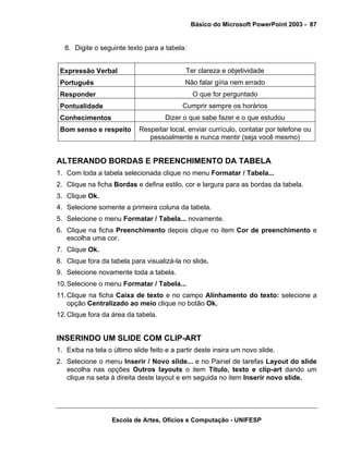 Básico do Microsoft PowerPoint 2003 - 87


  8. Digite o seguinte texto para a tabela:


 Expressão Verbal                            Ter clareza e objetividade
 Português                                  Não falar gíria nem errado
 Responder                                     O que for perguntado
 Pontualidade                              Cumprir sempre os horários
 Conhecimentos                       Dizer o que sabe fazer e o que estudou
 Bom senso e respeito       Respeitar local, enviar currículo, contatar por telefone ou
                               pessoalmente e nunca mentir (seja você mesmo)


ALTERANDO BORDAS E PREENCHIMENTO DA TABELA
1. Com toda a tabela selecionada clique no menu Formatar / Tabela...
2. Clique na ficha Bordas e defina estilo, cor e largura para as bordas da tabela.
3. Clique Ok.
4. Selecione somente a primeira coluna da tabela.
5. Selecione o menu Formatar / Tabela... novamente.
6. Clique na ficha Preenchimento depois clique no item Cor de preenchimento e
   escolha uma cor.
7. Clique Ok.
8. Clique fora da tabela para visualizá-la no slide.
9. Selecione novamente toda a tabela.
10. Selecione o menu Formatar / Tabela...
11. Clique na ficha Caixa de texto e no campo Alinhamento do texto: selecione a
    opção Centralizado ao meio clique no botão Ok.
12. Clique fora da área da tabela.


INSERINDO UM SLIDE COM CLIP-ART
1. Exiba na tela o último slide feito e a partir deste insira um novo slide.
2. Selecione o menu Inserir / Novo slide... e no Painel de tarefas Layout do slide
   escolha nas opções Outros layouts o item Título, texto e clip-art dando um
   clique na seta à direita deste layout e em seguida no item Inserir novo slide.




                   Escola de Artes, Ofícios e Computação - UNIFESP
 