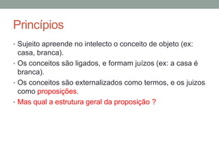 Princípios
• Sujeito apreende no intelecto o conceito de objeto (ex:
casa, branca).
• Os conceitos são ligados, e formam juízos (ex: a casa é
branca).
• Os conceitos são externalizados como termos, e os juizos
como proposições.
• Mas qual a estrutura geral da proposição ?
 