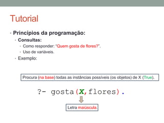 Tutorial
• Princípios da programação:
• Consultas:
• Como responder: “Quem gosta de flores?”.
• Uso de variáveis.
• Exemplo:
Procura (na base) todas as instâncias possíveis (os objetos) de X (True).
Letra maiúscula.
 