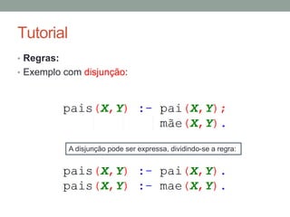 Tutorial
• Regras:
• Exemplo com disjunção:
A disjunção pode ser expressa, dividindo-se a regra:
 