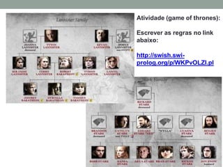Atividade (game of thrones):
Escrever as regras no link
abaixo:
http://swish.swi-
prolog.org/p/WKPvOLZI.pl
 