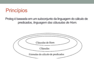 Princípios
Prolog é baseada em um subconjunto da linguagem do cálculo de
predicados, linguagem das cláusulas de Horn.
 
