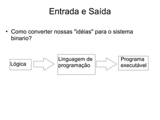 • Como converter nossas "idéias" para o sistema
binario?
Entrada e Saída
Lógica
Linguagem de
programação
Programa
executável
 