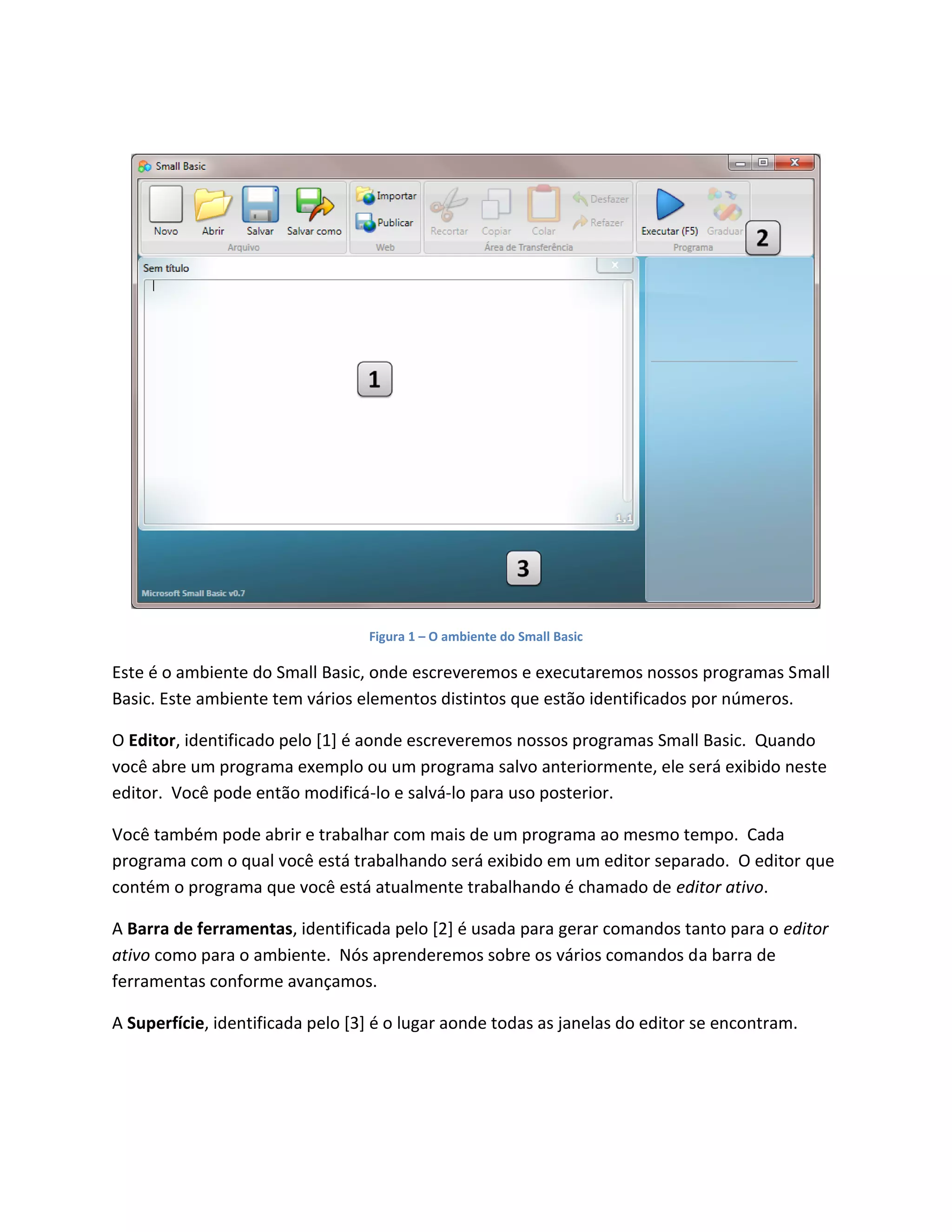 Figura 1 – O ambiente do Small Basic

Este é o ambiente do Small Basic, onde escreveremos e executaremos nossos programas Small
Basic. Este ambiente tem vários elementos distintos que estão identificados por números.

O Editor, identificado pelo [1] é aonde escreveremos nossos programas Small Basic. Quando
você abre um programa exemplo ou um programa salvo anteriormente, ele será exibido neste
editor. Você pode então modificá-lo e salvá-lo para uso posterior.

Você também pode abrir e trabalhar com mais de um programa ao mesmo tempo. Cada
programa com o qual você está trabalhando será exibido em um editor separado. O editor que
contém o programa que você está atualmente trabalhando é chamado de editor ativo.

A Barra de ferramentas, identificada pelo [2] é usada para gerar comandos tanto para o editor
ativo como para o ambiente. Nós aprenderemos sobre os vários comandos da barra de
ferramentas conforme avançamos.

A Superfície, identificada pelo [3] é o lugar aonde todas as janelas do editor se encontram.
 