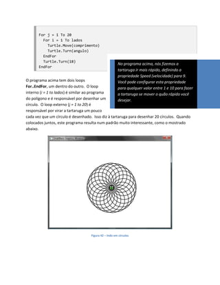 For j = 1 To 20
         For i = 1 To lados
           Turtle.Move(comprimento)
           Turtle.Turn(angulo)
         EndFor
         Turtle.Turn(18)
                                                       No programa acima, nós fizemos a
       EndFor
                                                       tartaruga ir mais rápido, definindo a
                                                       propriedade Speed (velocidade) para 9.
O programa acima tem dois loops                        Você pode configurar esta propriedade
For..EndFor, um dentro do outro. O loop                para qualquer valor entre 1 e 10 para fazer
interno (i = 1 to lados) é similar ao programa         a tartaruga se mover o quão rápido você
do polígono e é responsável por desenhar um            desejar.
círculo. O loop externo (j = 1 to 20) é
responsável por virar a tartaruga um pouco
cada vez que um círculo é desenhado. Isso diz à tartaruga para desenhar 20 círculos. Quando
colocados juntos, este programa resulta num padrão muito interessante, como o mostrado
abaixo.




                                    Figura 42 – Indo em círculos
 