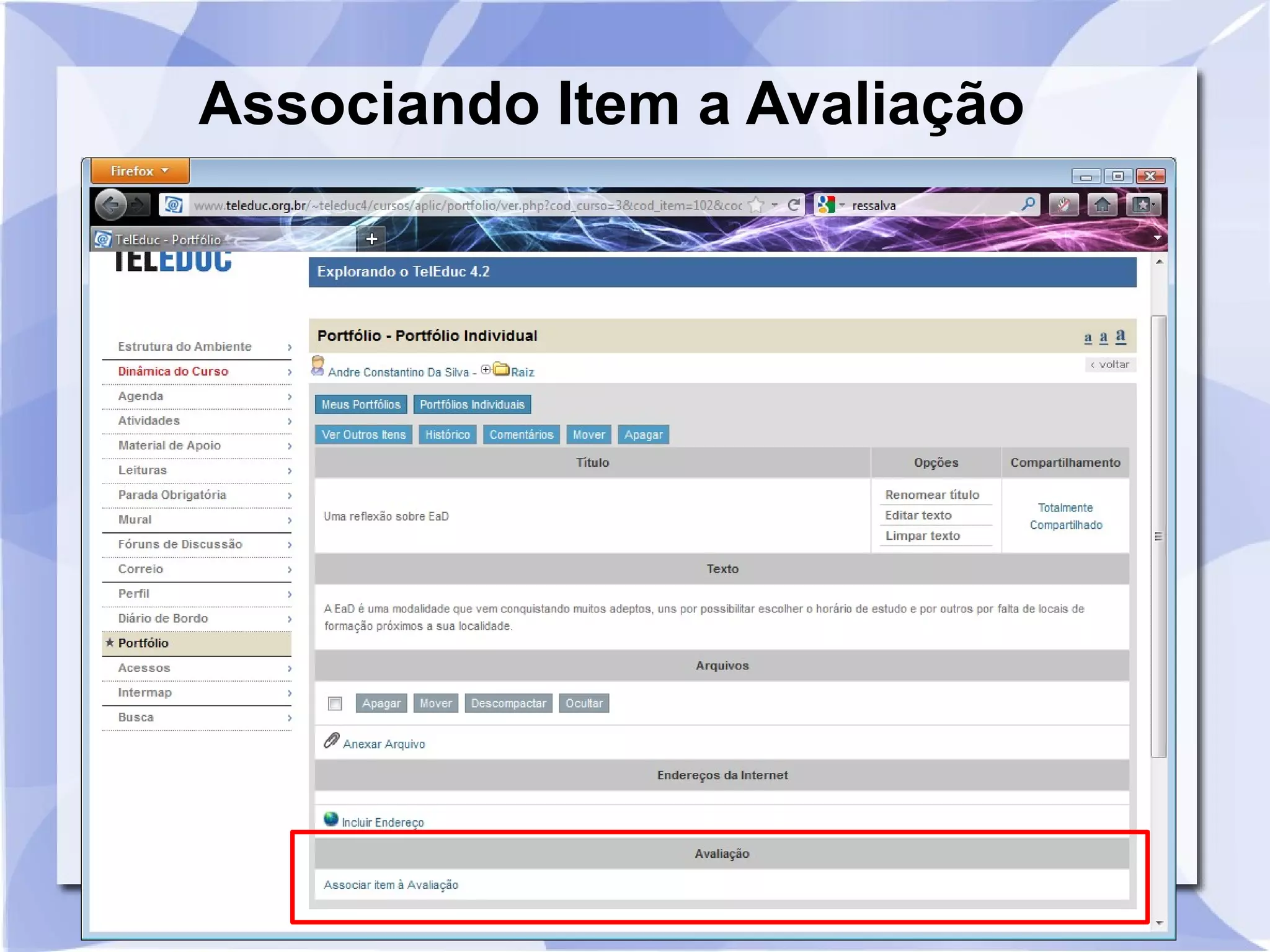 Associando Item a Avaliação 
 