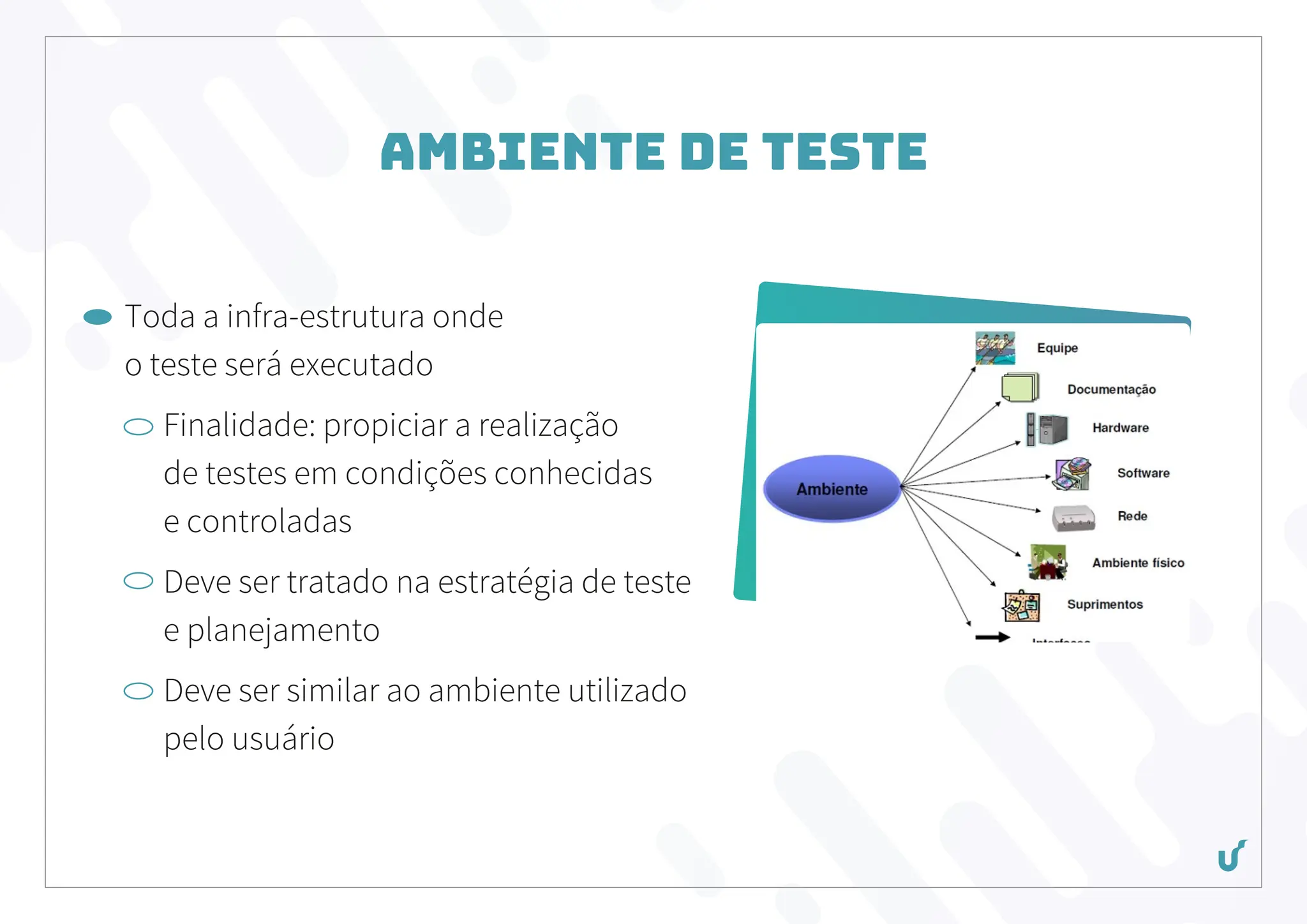 Ambiente de Teste
Toda a infra-estrutura onde
o teste será executado
Finalidade: propiciar a realização
de testes em condições conhecidas
e controladas
Deve ser tratado na estratégia de teste
e planejamento
Deve ser similar ao ambiente utilizado
pelo usuário
 