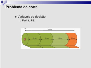 Problema de corte

      Variáveis de decisão
         Padrão P2:
 