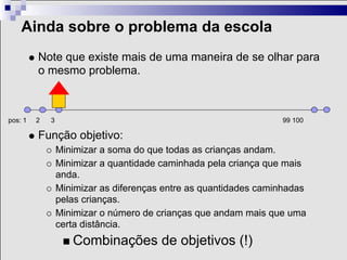 Ainda sobre o problema da escola
         Note que existe mais de uma maneira de se olhar para
         o mesmo problema.



pos: 1   2   3                                                    99 100

         Função objetivo:
                 Minimizar a soma do que todas as crianças andam.
                 Minimizar a quantidade caminhada pela criança que mais
                 anda.
                 Minimizar as diferenças entre as quantidades caminhadas
                 pelas crianças.
                 Minimizar o número de crianças que andam mais que uma
                 certa distância.
                    Combinações de objetivos (!)
 