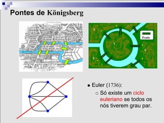 Pontes de Königsberg




                       Euler (1736):
                          Só existe um ciclo
                          euleriano se todos os
                          nós tiverem grau par.
 