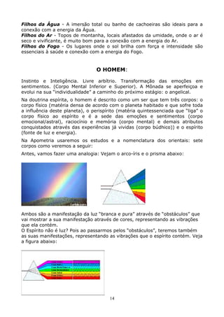 14
Filhos da Água - A imersão total ou banho de cachoeiras são ideais para a
conexão com a energia da Água.
Filhos do Ar - Topos de montanha, locais afastados da umidade, onde o ar é
seco e vivificante, é muito bom para a conexão com a energia do Ar.
Filhos do Fogo - Os lugares onde o sol brilha com força e intensidade são
essenciais à saúde e conexão com a energia do Fogo.
O HOMEM:
Instinto e Inteligência. Livre arbítrio. Transformação das emoções em
sentimentos. (Corpo Mental Inferior e Superior). A Mônada se aperfeiçoa e
evolui na sua “individualidade” a caminho do próximo estágio: o angelical.
Na doutrina espírita, o homem é descrito como um ser que tem três corpos: o
corpo físico (matéria densa de acordo com o planeta habitado e que sofre toda
a influência deste planeta), o perispírito (matéria quintessenciada que “liga” o
corpo físico ao espírito e é a sede das emoções e sentimentos (corpo
emocional/astral), raciocínio e memória (corpo mental) e demais atributos
conquistados através das experiências já vividas (corpo búdhico)) e o espírito
(fonte de luz e energia).
Na Apometria usaremos os estudos e a nomenclatura dos orientais: sete
corpos como veremos a seguir:
Antes, vamos fazer uma analogia: Vejam o arco-íris e o prisma abaixo:
Ambos são a manifestação da luz “branca e pura” através de “obstáculos” que
vai mostrar a sua manifestação através de cores, representando as vibrações
que ela contém.
O Espírito não é luz? Pois ao passarmos pelos “obstáculos”, teremos também
as suas manifestações, representando as vibrações que o espírito contém. Veja
a figura abaixo:
 