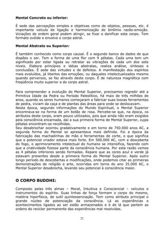 21
Mental Concreto ou inferior:
É sede das percepções simples e objetivas como de objetos, pessoas, etc. é
importante veículo de ligação e harmonização do binômio razão-emoção.
Viciações de ordem geral podem atingir, se fixar e danificar este corpo. Tem
formato ovóide e envolve o corpo astral.
Mental Abstrato ou Superior:
É também conhecido como corpo causal. É o segundo banco de dados de que
dispões o ser. Tem a forma de uma flor com 9 pétalas. Cada uma tem um
significado por estar ligada ou retratar as vibrações de cada um dos sete
níveis. Elabora princípios e idéias abstratas, realiza análise, sínteses e
conclusões. É sede das virtudes e de defeitos. A manifestação dos espíritos
mais evoluídos, já libertos das emoções; ou daqueles intelectualizados mesmo
quando perversos, se faz através deste corpo. É de natureza magnética com
freqüência muito superior a do corpo astral.
Para compreender a evolução do Mental Superior, precisamos regredir até a
Primitiva Idade da Pedra ou Período Paleolítico, há mais de três milhões de
anos, quando os seres humanos começaram a fabricar suas toscas ferramentas
de pedra, viviam da caça e de plantas das áreas para onde se deslocavam.
Nesta época, segundo informações do Mundo Espiritual, o Mental Superior
encontrava-se na forma de um botão de rosa. Percebe-se que, na época, os
atributos deste corpo, eram pouco utilizados, pois que ainda não eram exigidos
pela consciência encarnada, daí a sua primeira forma de Mental Superior, cujas
pétalas encontram-se recolhidas.
Seu desabrochar ocorreu gradativamente e em torno de 750.000 anos AC, a
segunda forma do Mental se apresentava mais definida. Foi a época da
fabricação das machadinhas de mão e ferramentas de corte, o que significa
que o potencial criador estava mais forte. Em 500.000 AC, com a descoberta
do fogo, o aprimoramento intelectual do humano se intensifica, fazendo com
que a criatividade fizesse parte da consciência humana. Por esta razão vemos
as 4 pétalas inferiores sendo formadas. Repare que as cores azul e verde já
estavam presentes desde a primeira forma do Mental Superior. Após outro
longo período de descobertas e modificações, onde podemos citar as primeiras
demonstrações de religião e arte, ocorridas em torno do ano 35.000 AC, o
Mental Superior desabrocha, levando seu potencial à consciência maior.
O CORPO BUDDHI:
Composto pelas três almas – Moral, Intuitiva e Consciencial – veículos e
instrumentos do espírito. Suas linhas de força formam o corpo do mesmo,
matéria hiperfísica, de sutil quintessenciação. Tem como atributo principal o
grande núcleo de potenciação da consciência. Lá as experiências e
acontecimentos ligados ao ser estão armazenados e é de lá que partem as
ordens do reciclar permanente das experiências mal resolvidas.
 