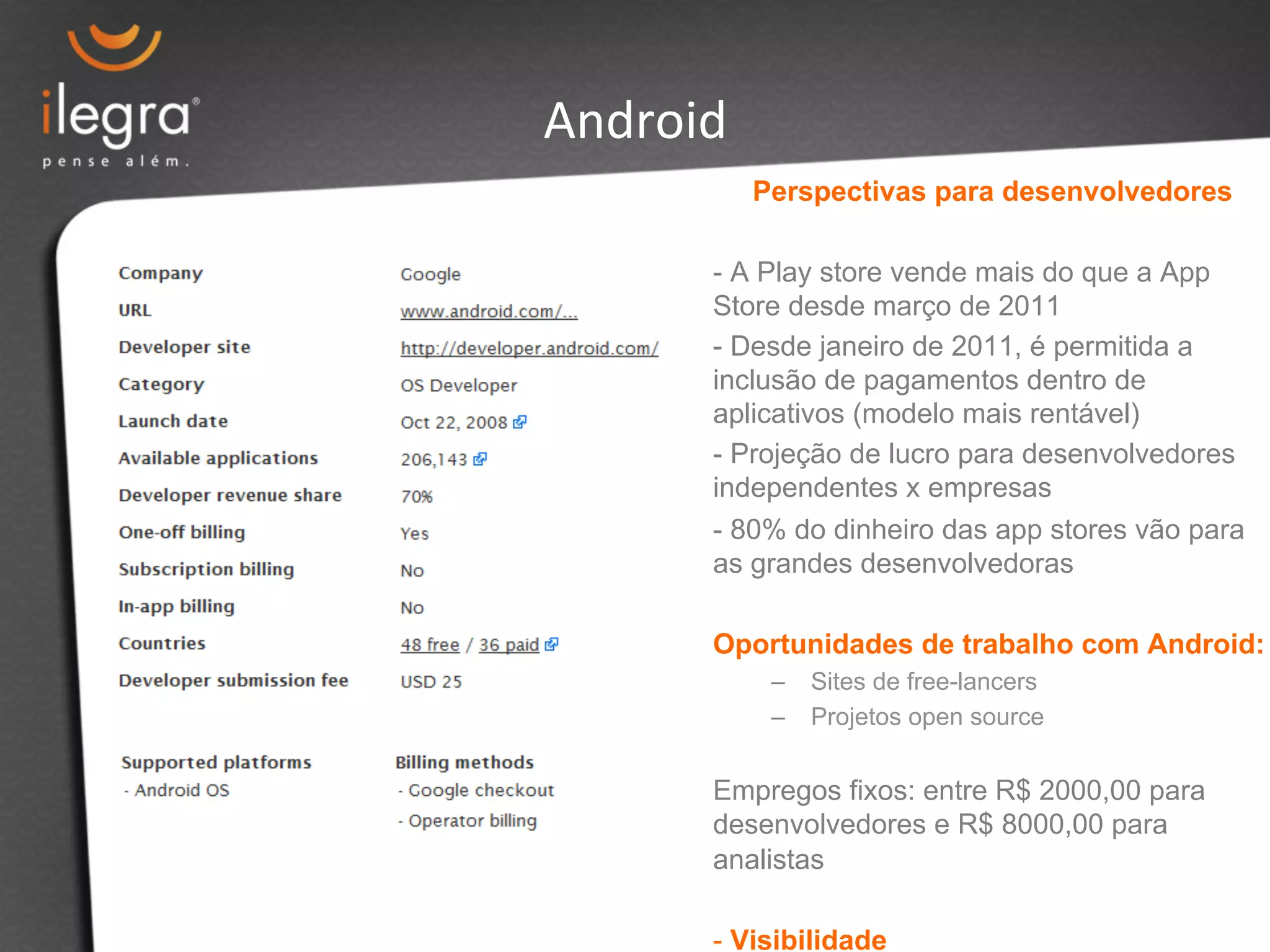 Perspectivas para desenvolvedores 
Android 
- A Play store vende mais do que a App 
Store desde março de 2011 
- Desde janeiro de 2011, é permitida a 
inclusão de pagamentos dentro de 
aplicativos (modelo mais rentável) 
- Projeção de lucro para desenvolvedores 
independentes x empresas 
- 80% do dinheiro das app stores vão para 
as grandes desenvolvedoras 
Oportunidades de trabalho com Android: 
– Sites de free-lancers 
– Projetos open source 
Empregos fixos: entre R$ 2000,00 para 
desenvolvedores e R$ 8000,00 para 
analistas 
- Visibilidade 
 