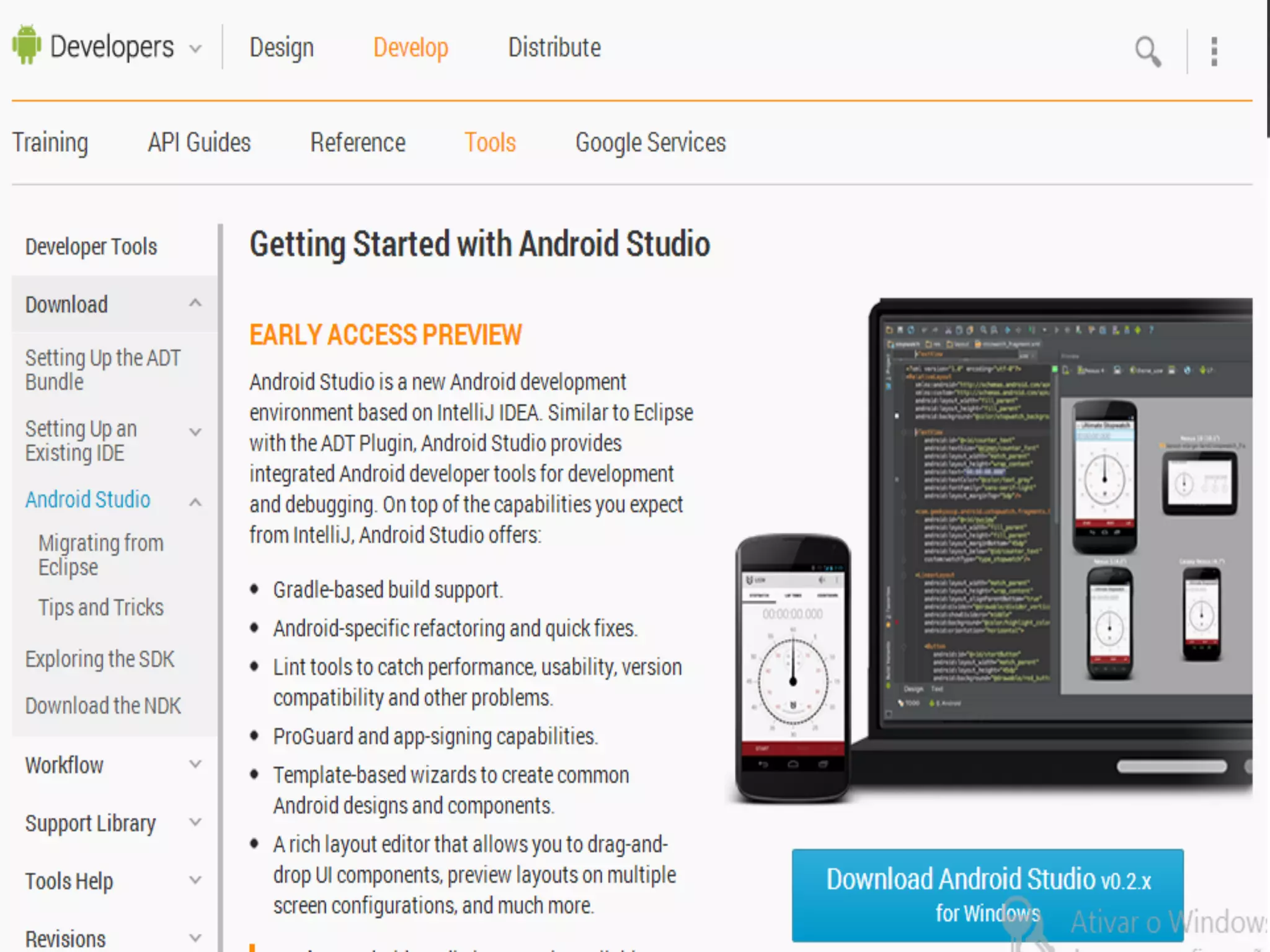 Ambiente de desenvolvimento 
Android Studio 
- Último a ser lançado 
- Desenvolvimento de interfaces simplificado 
- Testes de tamanhos de telas simplificado 
- http://developer.android.com/sdk/installing/studio.html 
 