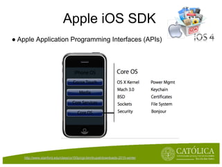 Apple iOS SDK
● Apple Application Programming Interfaces (APIs)




    http://www.stanford.edu/class/cs193p/cgi-bin/drupal/downloads-2010-winter
 
