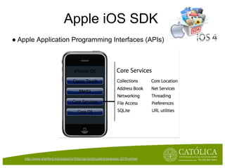 Apple iOS SDK
● Apple Application Programming Interfaces (APIs)




    http://www.stanford.edu/class/cs193p/cgi-bin/drupal/downloads-2010-winter
 