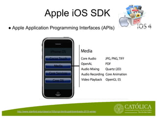Apple iOS SDK
● Apple Application Programming Interfaces (APIs)




    http://www.stanford.edu/class/cs193p/cgi-bin/drupal/downloads-2010-winter
 