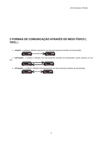 9
Introdução à Redes
3 FORMAS DE COMUNICAÇÃO ATRAVÉS DO MEIO FÍSICO (
TIPO ) :
•	 simplex - o enlace é utilizado apenas em um dos dois possíveis sentidos de transmissão.
•	 half-duplex - o enlace é utilizado nos dois possíveis sentidos de transmissão, porém apenas um por
vez.
•	 full-duplex - o enlace é utilizado simultaneamente nos dois possíveis sentidos de transmissão.
 