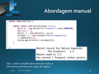 Obs.: o teste completo deve exercitar todas as
alternativas previstas nas regras de negócio
 