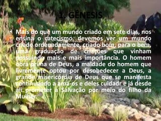 1. GÊNESIS
• Mais do que um mundo criado em sete dias, nos
ensina o catecismo, devemos ver um mundo
criado ordenadamente, criado bom, para o bem,
uma graduação de criações que vinham
possuindo mais e mais importância. O homem
obra prima de Deus, a maldade do homem que
livremente optou por desobedecer a Deus, a
grande misericórdia de Deus que se manifesta
continuando a amá-os e deles cuidadr e já desde
ali prometer a Salvação por meio do filho da
Mulher.
 